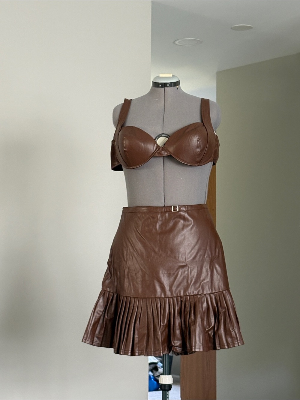 Brown Leather Ruffled Hem Mini Skirt - Women